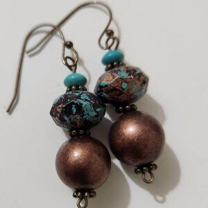 Hand Crafted Pierced Bead Earrings Turquoise Bronze Dangle Drop